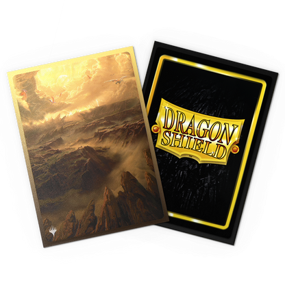 A gold-bordered Magic: The Gathering Arid Mesa matte dual art card sleeve. Brand: Dragon Shield, Item: Landfall Series - Arid Mesa - Matte Dual Art Sleeves.