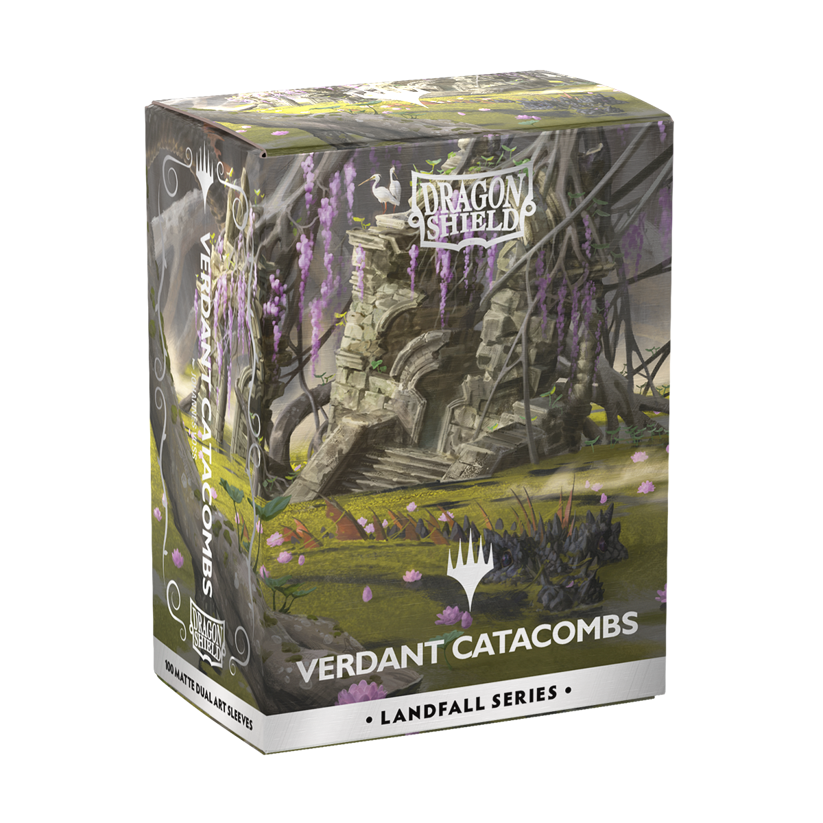A matte dual art deck box featuring the Verdant Catacombs artwork from the Landfall Series. Brand: Dragon Shield, Item: Verdant Catacombs Matte Dual Art Sleeves