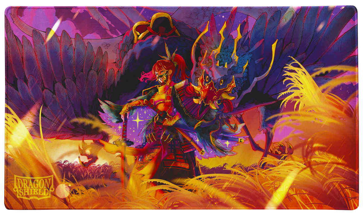 A vibrant, fantasy-themed TCG Playmat featuring a samurai warrior and a dragon. Brand: Dragon Shield, Item: The Fallen - TCG Playmat.