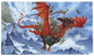 A red dragon carrying orcs over snowy mountains, with a burning castle below. Dragon Shield TCG Playmat.