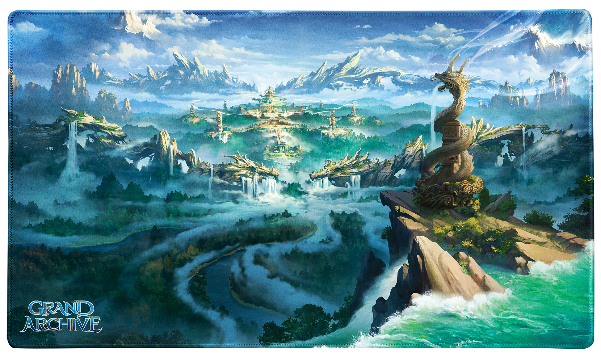 A fantasy landscape TCG Playmat featuring the Baidi, Oathsworn Palace from Grand Archive. Brand: Dragon Shield (Dev), Item: Grand Archive - Baidi, Oathsworn Palace - TCG Playmat.
