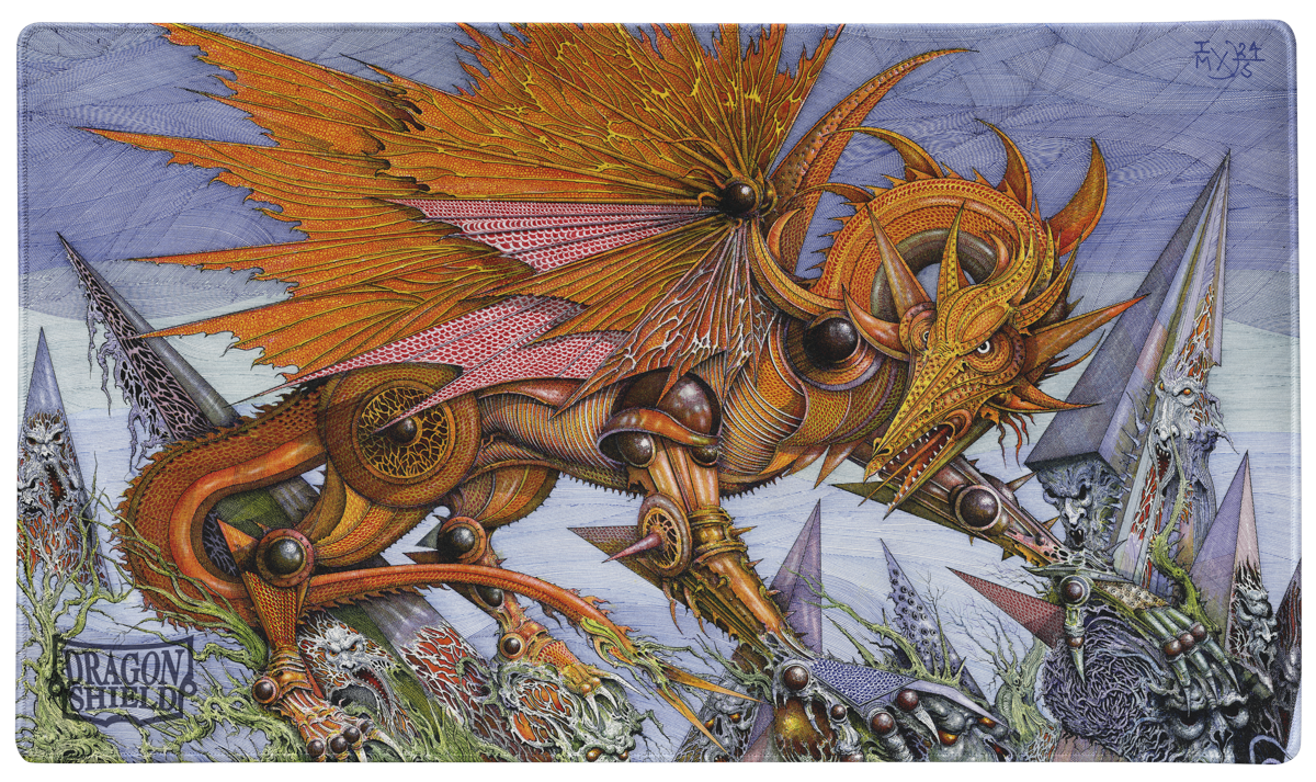 A detailed, vibrant orange and blue TCG playmat featuring a mechanical dragon battling monstrous figures. Brand: Dragon Shield (Dev), Item: Signature Series - The Millerax - TCG Playmat.