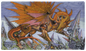 A detailed, vibrant orange and blue TCG playmat featuring a mechanical dragon battling monstrous figures. Brand: Dragon Shield (Dev), Item: Signature Series - The Millerax - TCG Playmat.