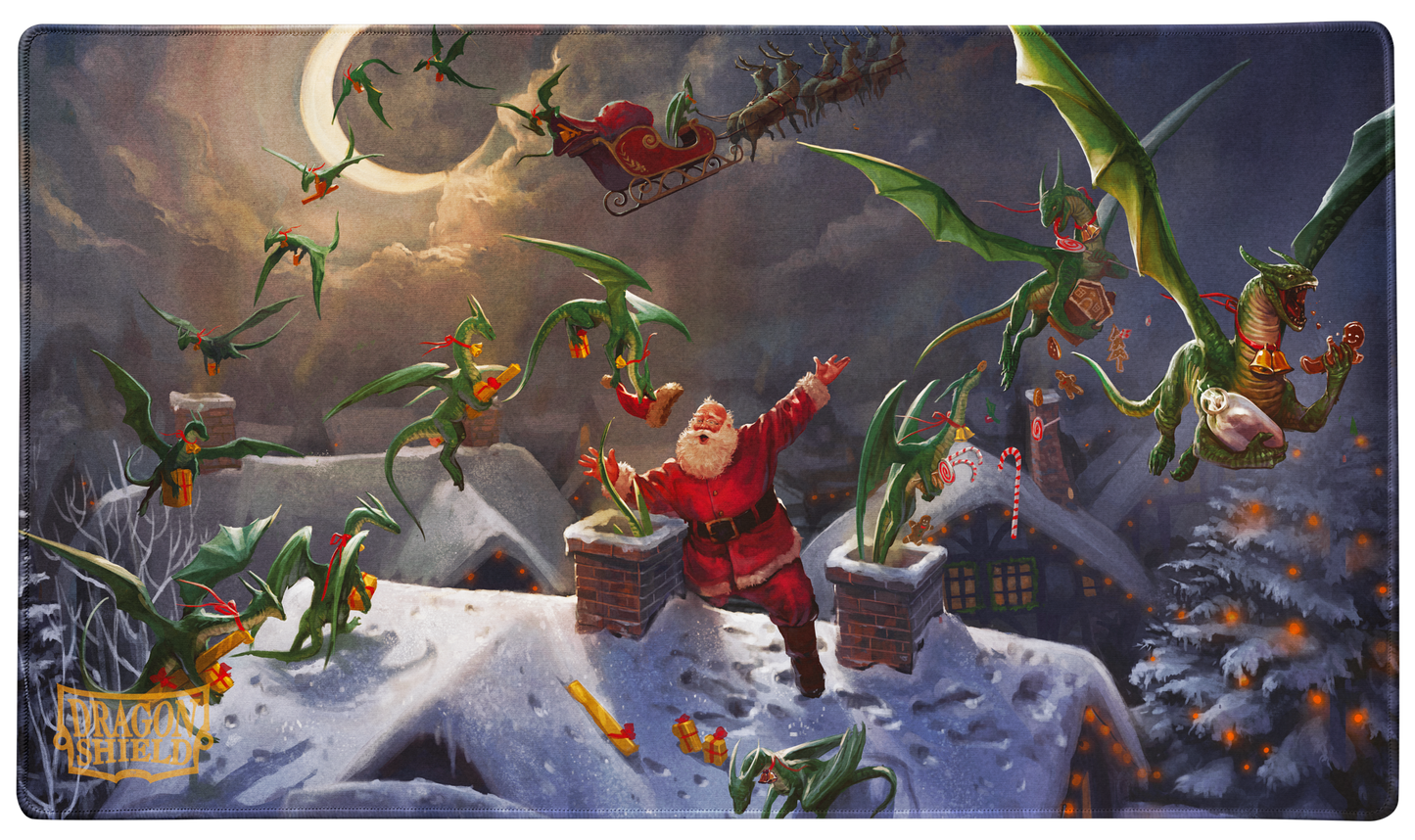 A Christmas 2023 TCG Playmat featuring Santa Claus surprised by green dragons delivering presents. Brand: Dragon Shield (Dev), Item: Christmas 2023 - TCG Playmat.