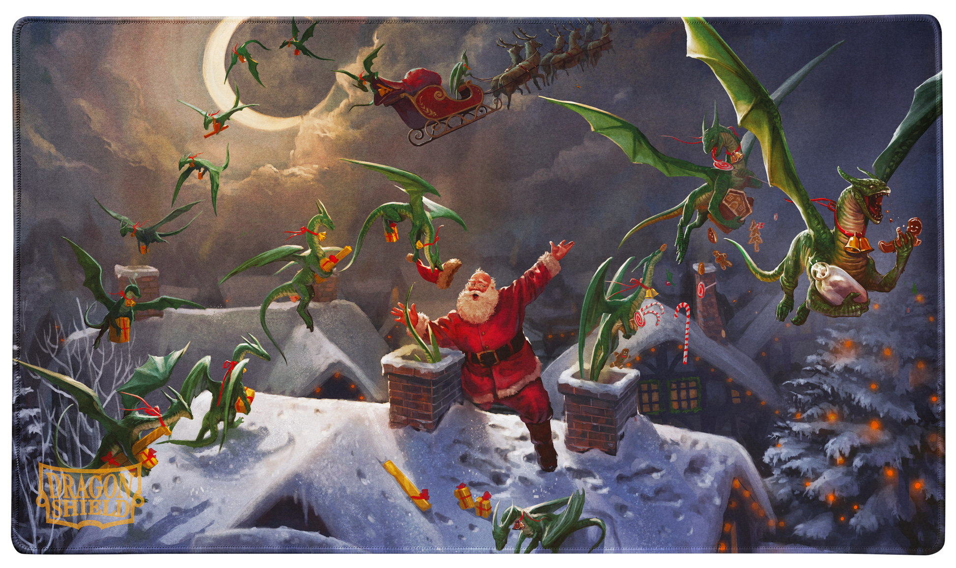 A Christmas 2023 TCG Playmat featuring Santa Claus surprised by green dragons delivering presents. Brand: Dragon Shield (Dev), Item: Christmas 2023 - TCG Playmat.