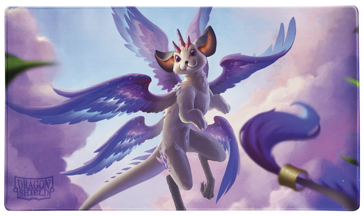 A white and purple winged creature with a unicorn horn, flying through clouds. Brand: Dragon Shield (Dev), Item: The Whiskerwing - TCG Playmat.