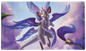 A white and purple winged creature with a unicorn horn, flying through clouds. Brand: Dragon Shield (Dev), Item: The Whiskerwing - TCG Playmat.