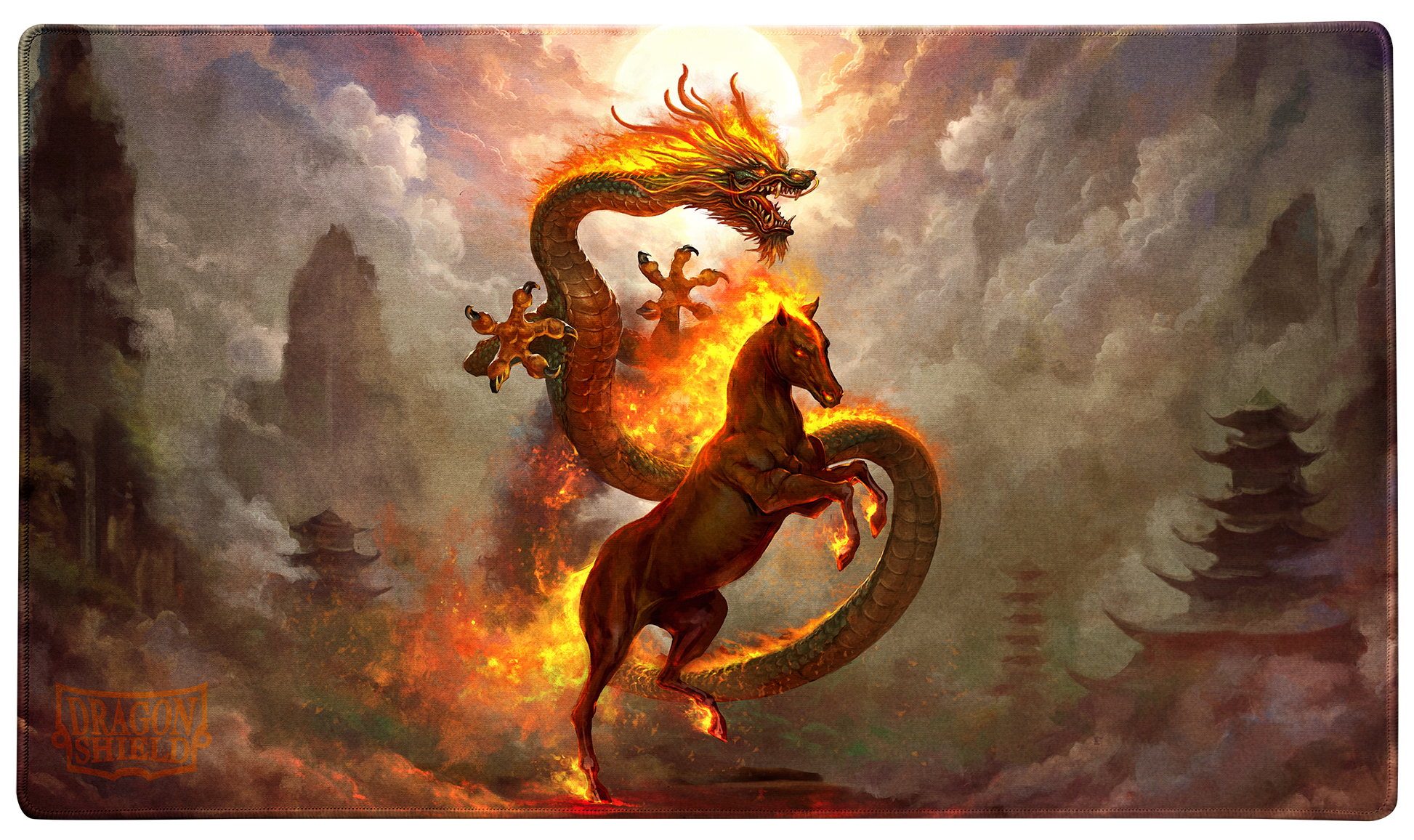 A fiery dragon coiled around a horse with glowing red eyes, set against a misty, mountainous backdrop with pagodas. Brand: Dragon Shield (Dev), Item: Fire Horse 2026 - TCG Playmat.