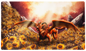 A fantasy art TCG Playmat featuring a winged lion-like creature with horns amidst a field of sunflowers during a rainstorm. Brand: Dragon Shield, Item: Dyrkottr, Last of His Kind - TCG Playmat.
