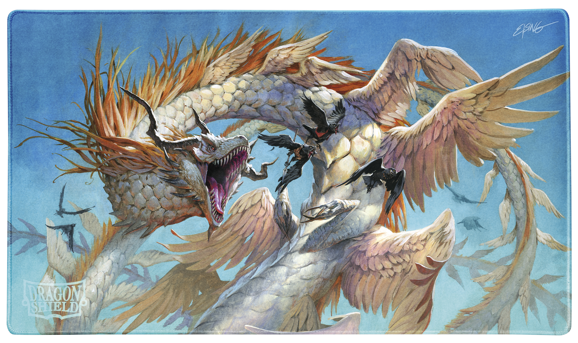 A blue and white Dragon Shield Signature Series TCG Playmat featuring the Ejsingandr dragon battling black birds.