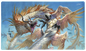A blue and white Dragon Shield Signature Series TCG Playmat featuring the Ejsingandr dragon battling black birds.