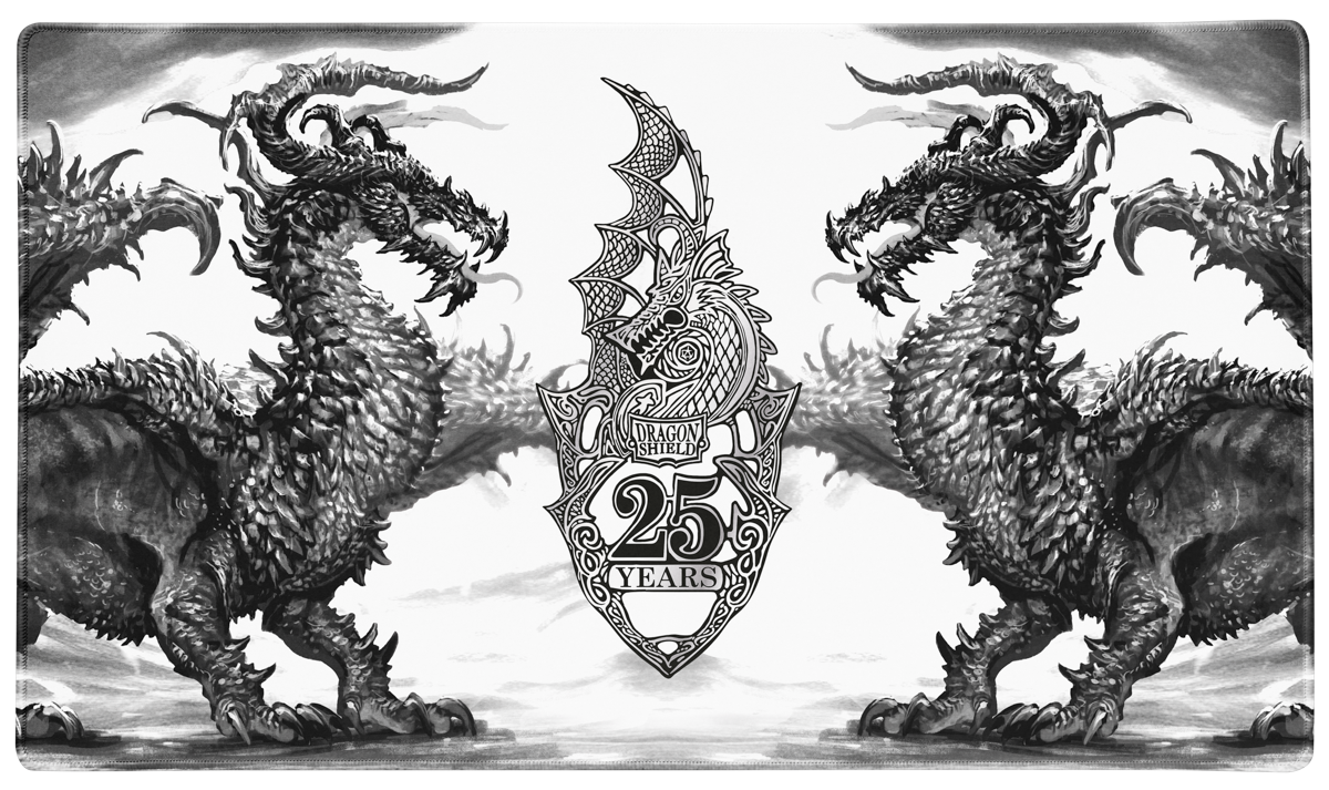 A black and white Dragon Shield 25th Anniversary TCG Playmat featuring two dragons and a central shield emblem.