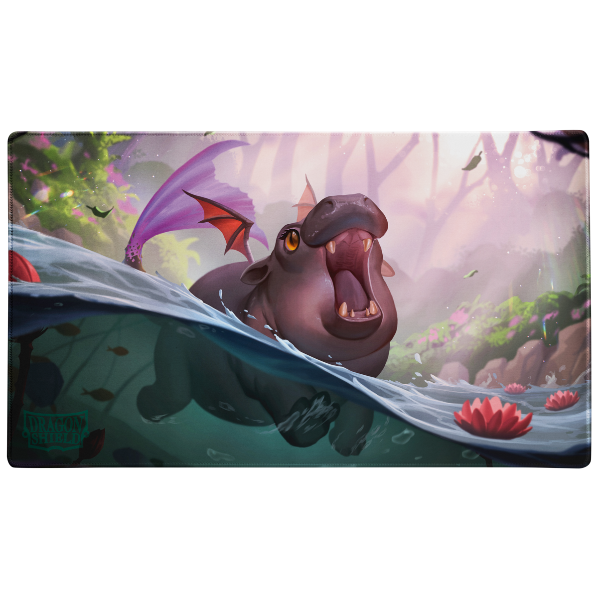 A purple dragon-hippo hybrid swimming in water, with purple wings and red accents. A TCG Playmat. Brand: Dragon Shield (Dev), Item: The Snortle - TCG Playmat.