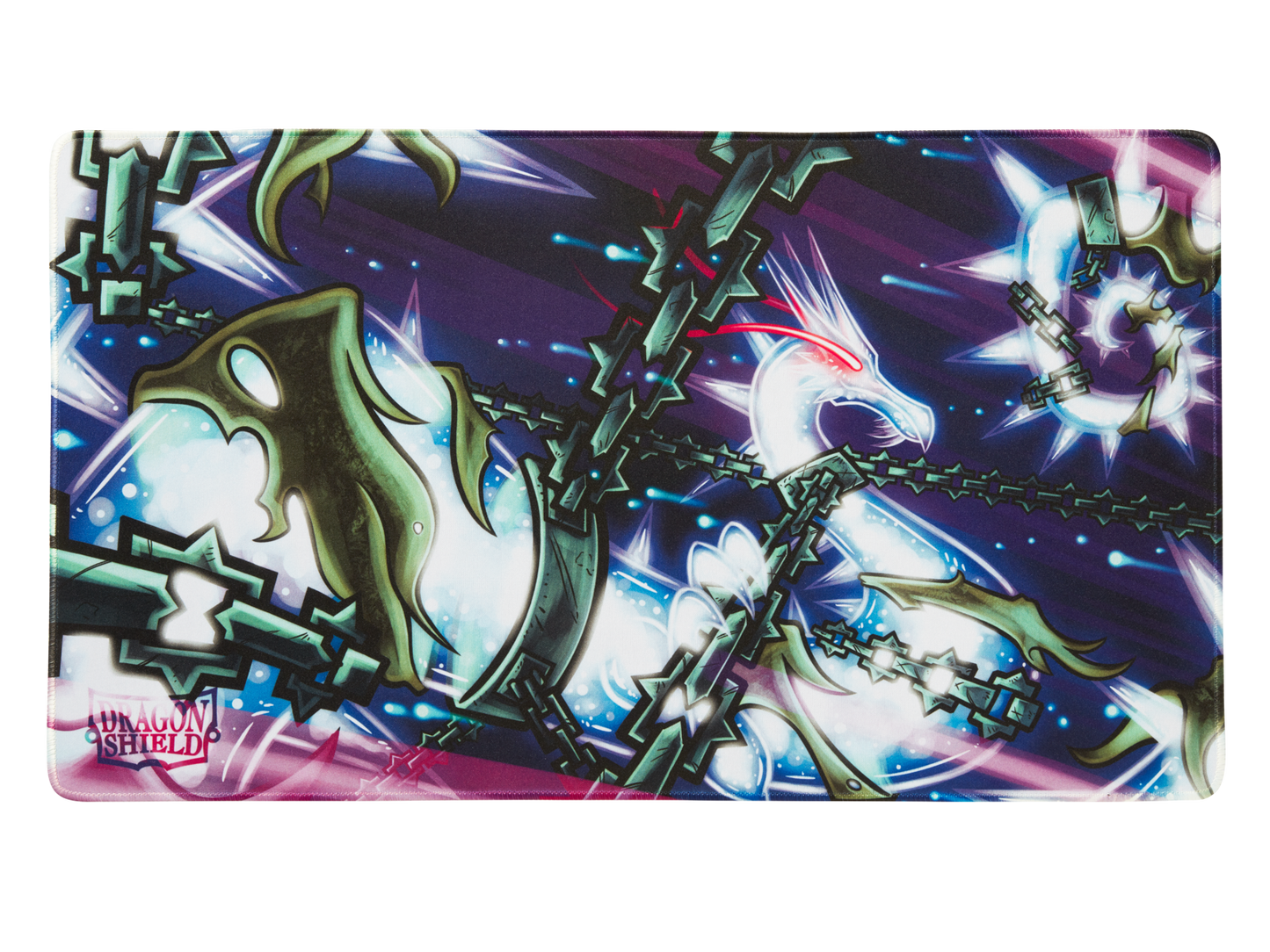 A white dragon chained with dark green metal chains on a purple and blue background. Brand: Dragon Shield, Item: Azokuang - TCG Playmat.