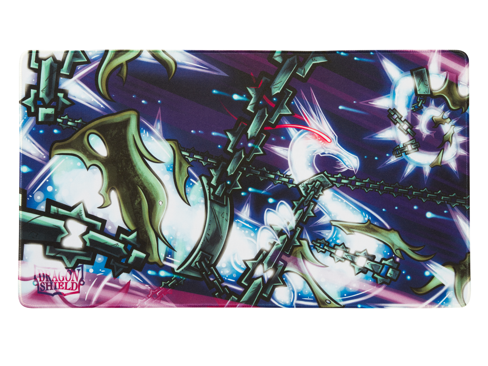 A white dragon chained with dark green metal chains on a purple and blue background. Brand: Dragon Shield, Item: Azokuang - TCG Playmat.