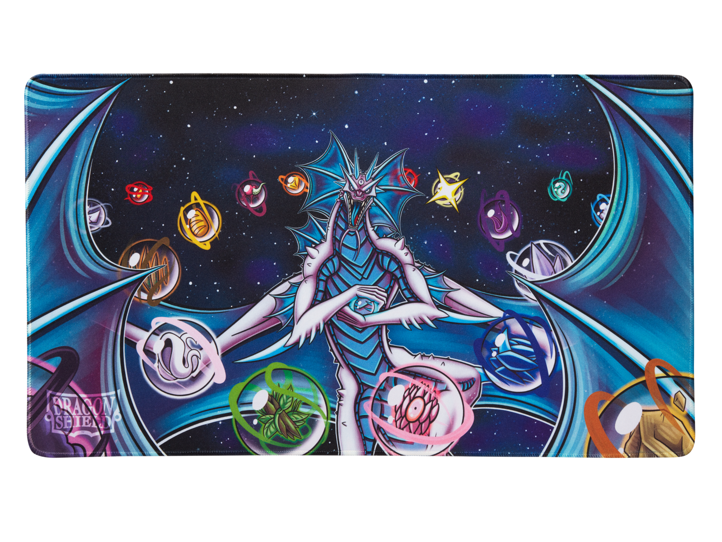 A blue and white dragon surrounded by planets in space, Dragon Shield TCG Playmat.