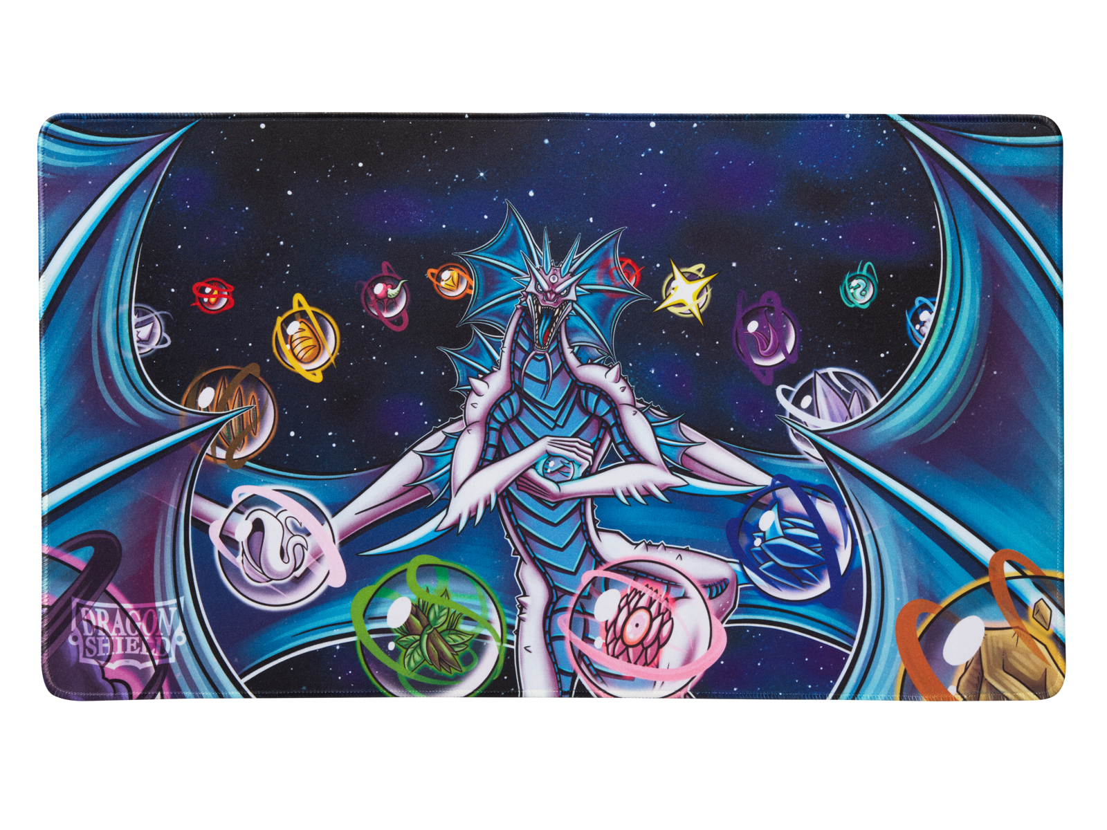 A blue and white dragon surrounded by planets in space, Dragon Shield TCG Playmat.