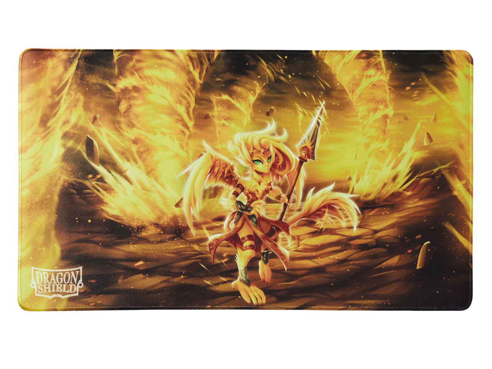 A fiery Dragon Shield TCG Playmat featuring Dorna Transformed.