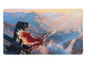 A red dragon flying near a gothic building with mountains in the background. Brand: Dragon Shield (Dev), Item: Logi - TCG Playmat.