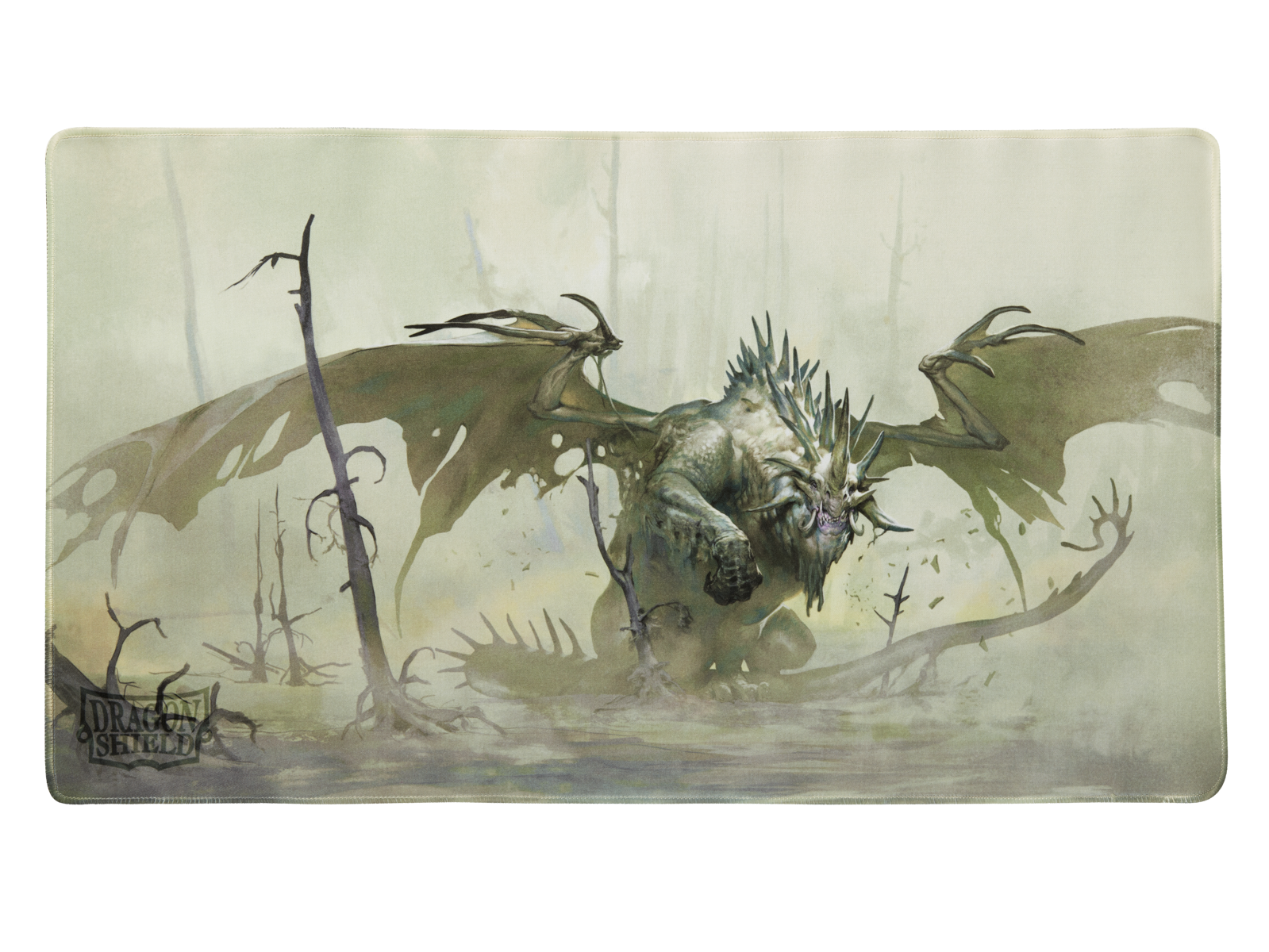 A green and white Dragon Shield TCG Playmat featuring a fearsome dragon emerging from a misty swamp.