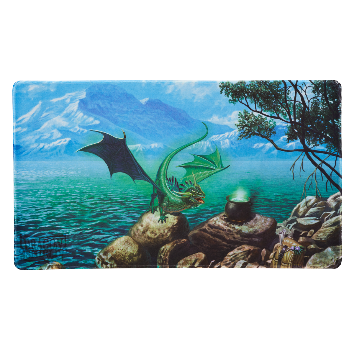 A green dragon flying over a lake with a cauldron and mountains in the background. Brand: Dragon Shield (Dev), Item: Bayaga - TCG Playmat.