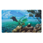A green dragon flying over a lake with a cauldron and mountains in the background. Brand: Dragon Shield (Dev), Item: Bayaga - TCG Playmat.