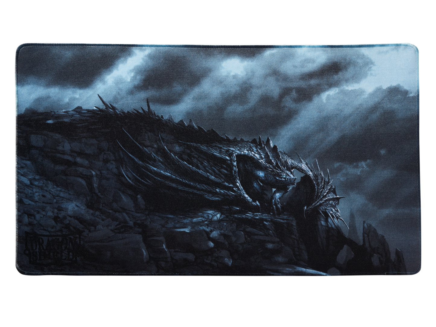 A dark blue and grey Dragon Shield TCG Playmat featuring the Escotarox dragon artwork.