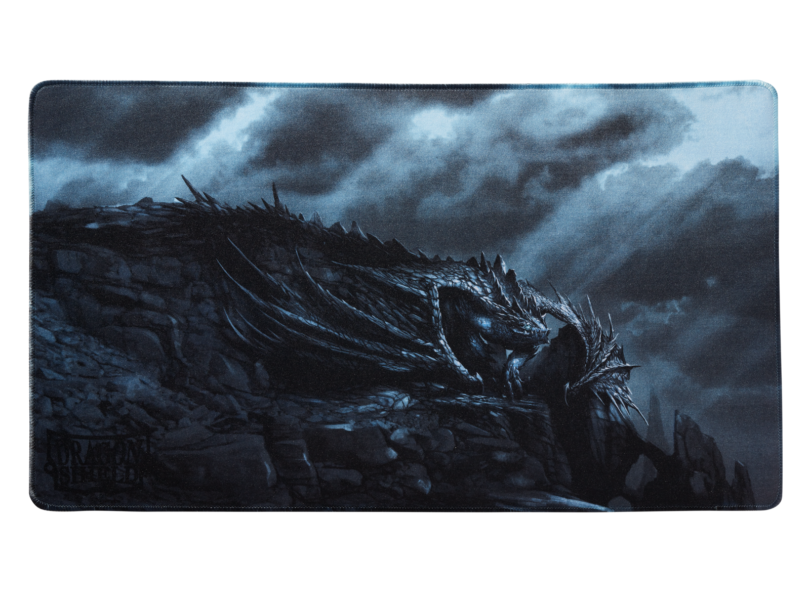 A dark blue and grey Dragon Shield TCG Playmat featuring the Escotarox dragon artwork.