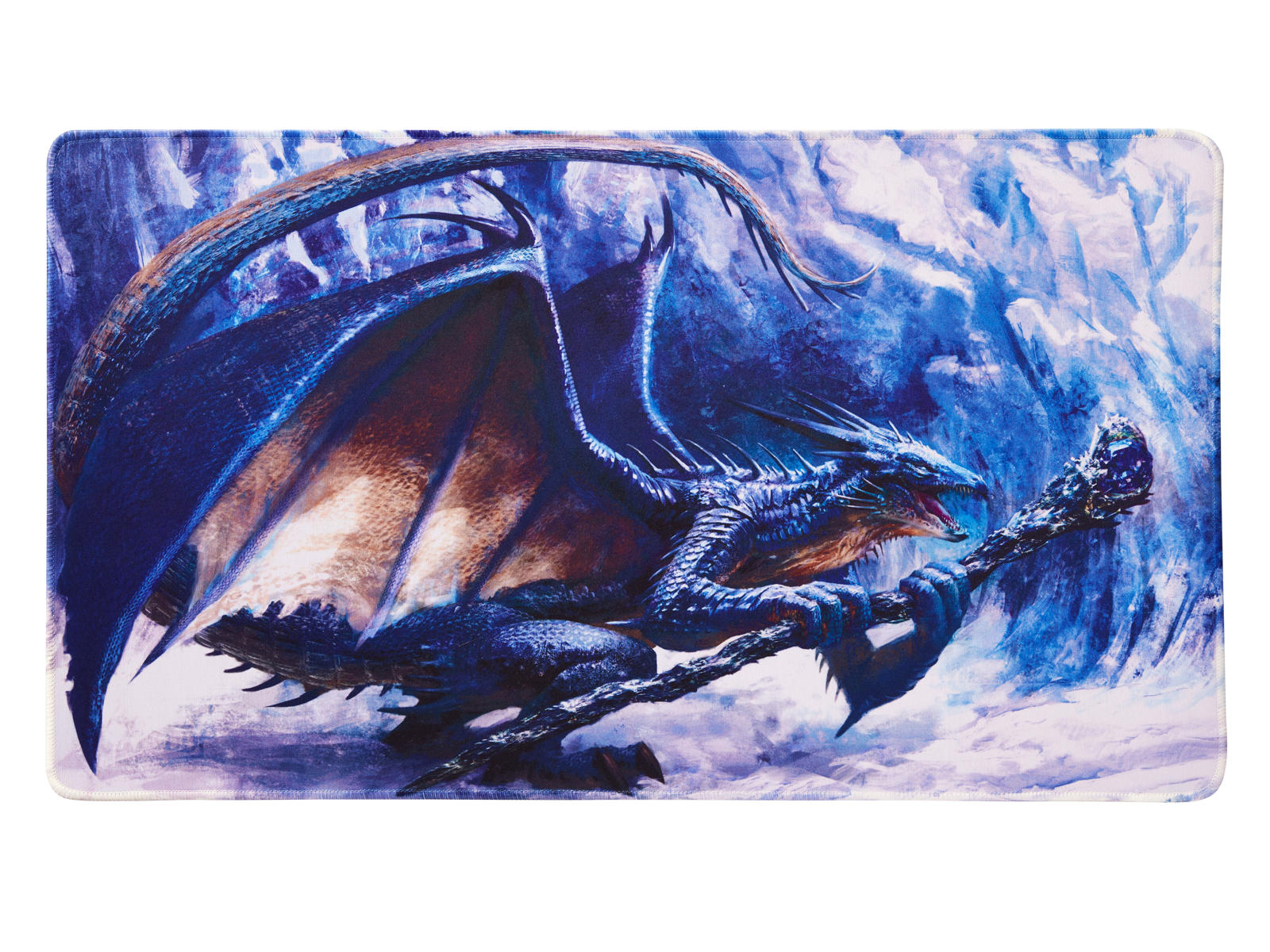 A blue and brown dragon holding a staff, on a blue icy background. Dragon Shield (Dev) Royenna TCG Playmat.