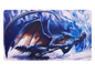 A blue and brown dragon holding a staff, on a blue icy background. Dragon Shield (Dev) Royenna TCG Playmat.