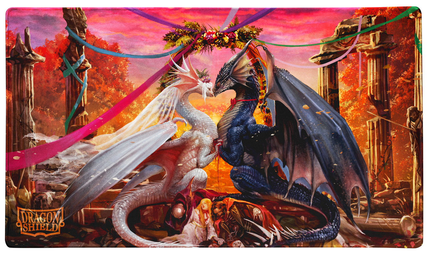 A Valentine Dragon 2023 TCG Playmat featuring two dragons, one white and one black, facing each other with a floral arch overhead. Brand: Dragon Shield, Item: Valentine Dragon 2023 - TCG Playmat.