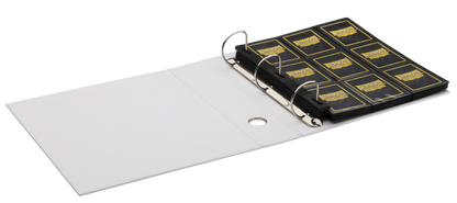 A white binder with Dragon Shield card sleeves. Brand: Dragon Shield, Item: Sanctuary Slipcase Binder.