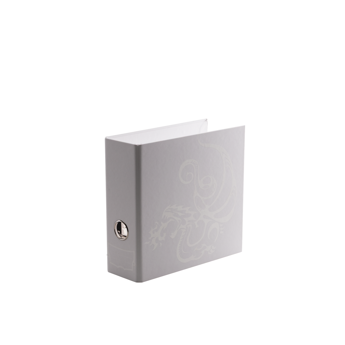 A white slipcase 2-ring binder with a dragon design. Brand: Sanctuary, Item: Slipcase 2-Ring Binder - White.