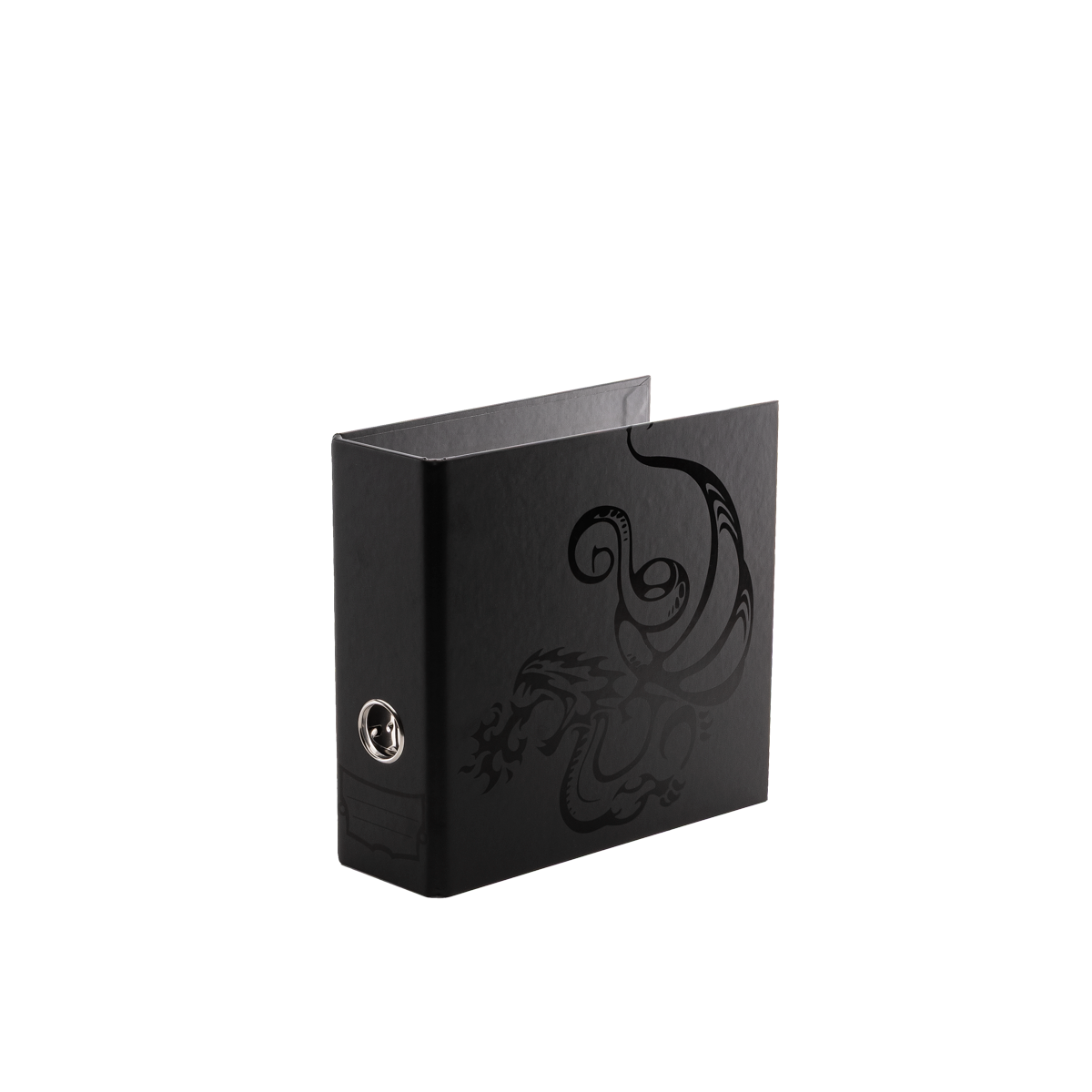 A black slipcase 2-ring binder with a dragon design. Brand: Sanctuary, Item: Slipcase 2-Ring Binder - Black.
