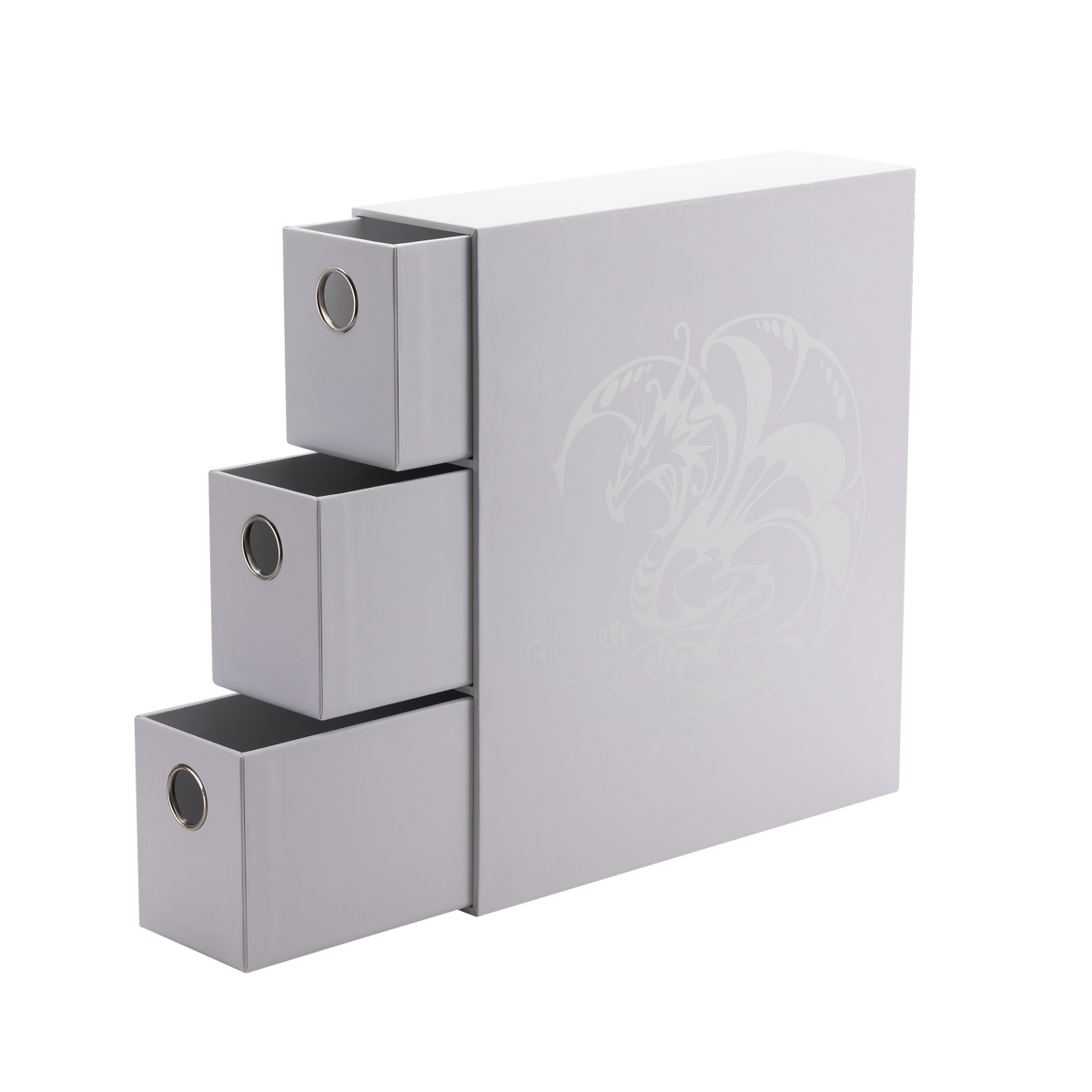 A white card storage drawer unit with a dragon design. Brand: Fortress, Item: Card Drawers - White.