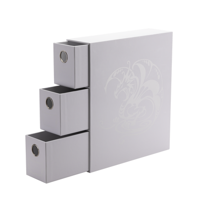 A white card storage drawer unit with a dragon design. Brand: Fortress, Item: Card Drawers - White.