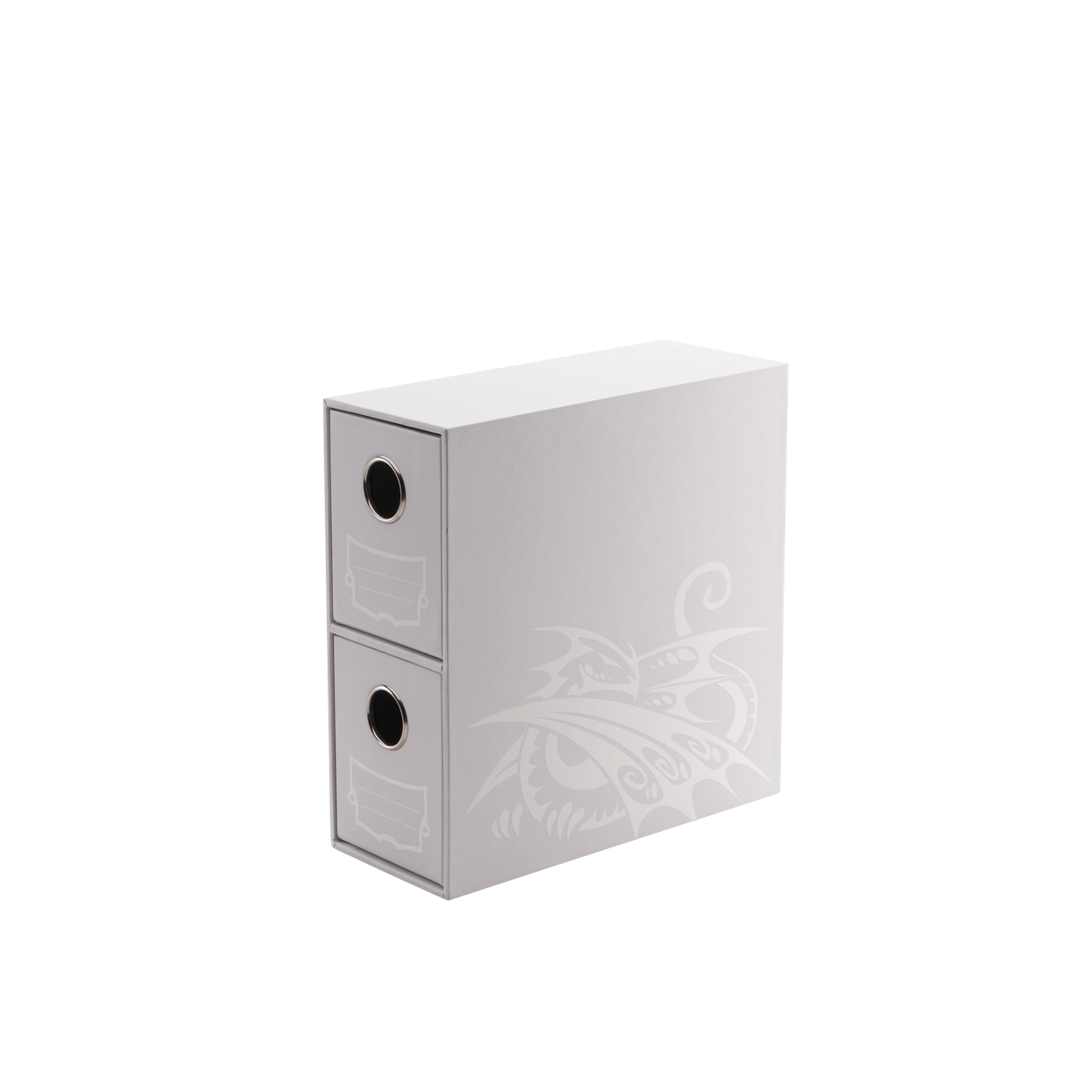A white Dragon Shield Fortress 2-Card Drawers Vertical storage box.