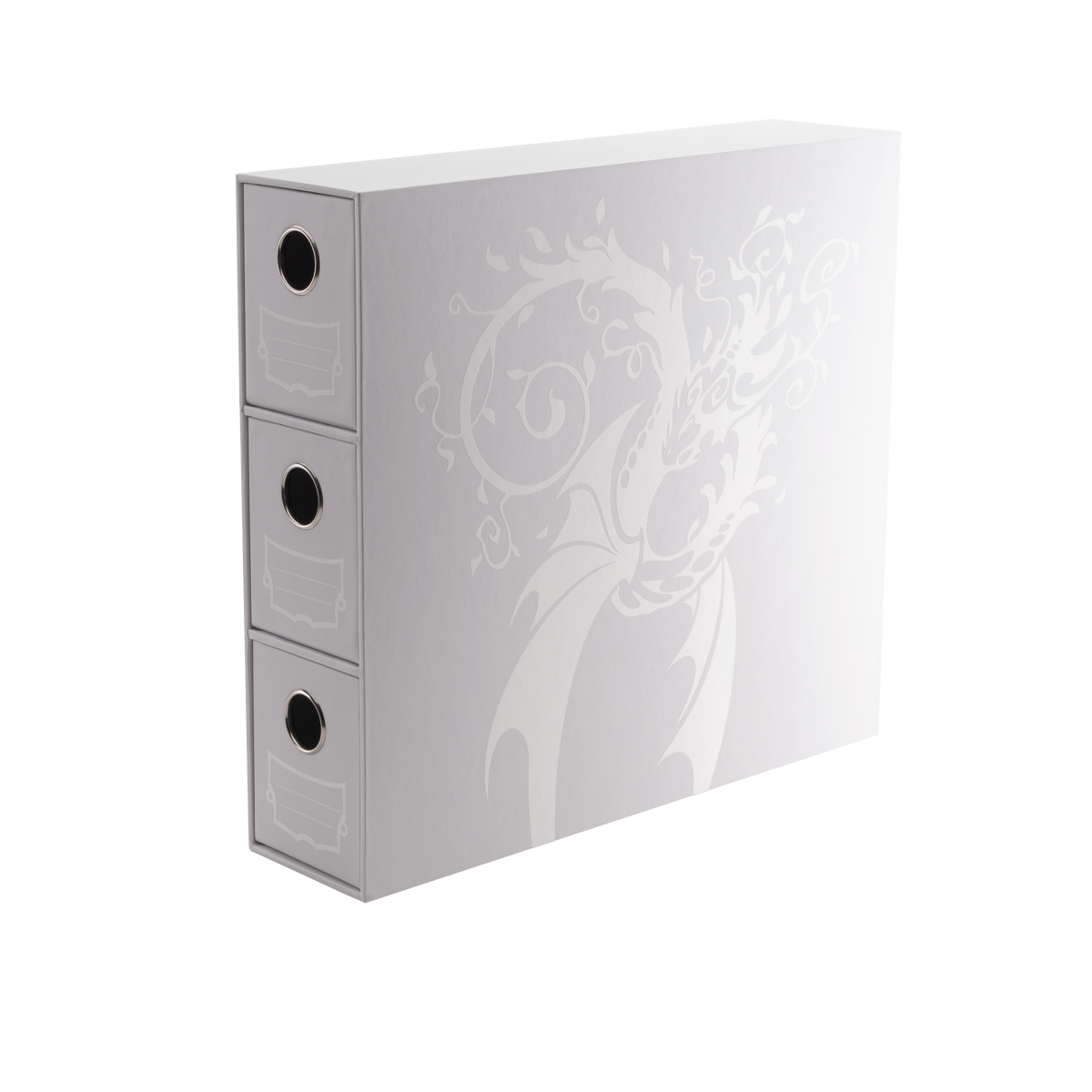 A white Dragon Shield Fortress 3-Card Drawers Vertical storage box with a dragon design.
