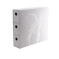 A white Dragon Shield Fortress 3-Card Drawers Vertical storage box with a dragon design.