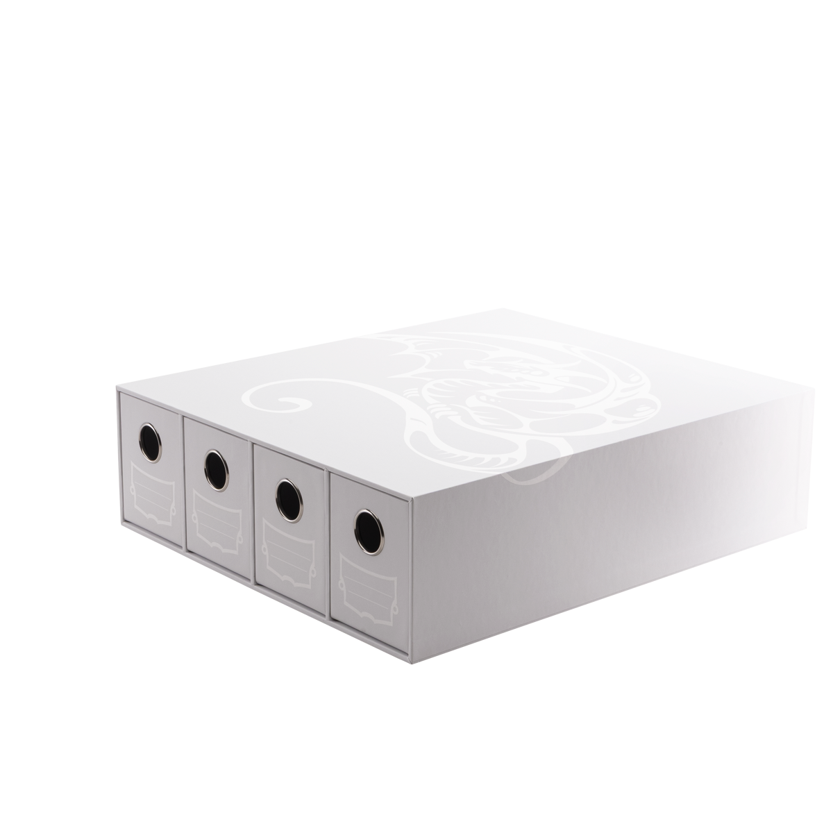 A white Dragon Shield Fortress 4-Card Drawers Horizontal storage box.