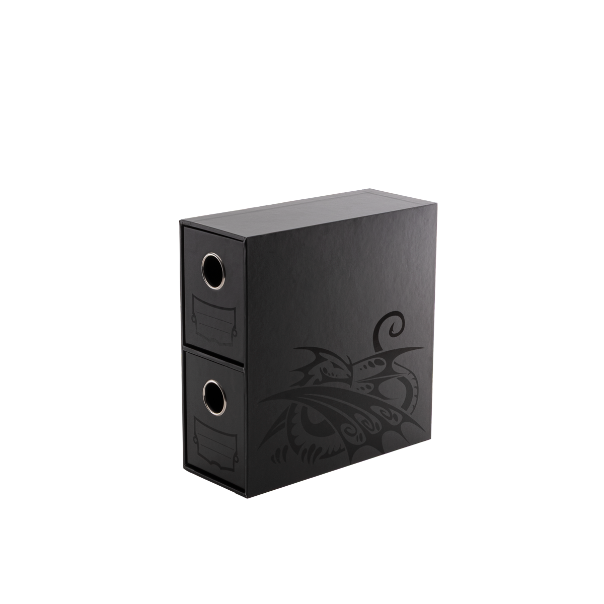 A black Dragon Shield Fortress 2-Card Drawers Vertical storage box with a dragon design.