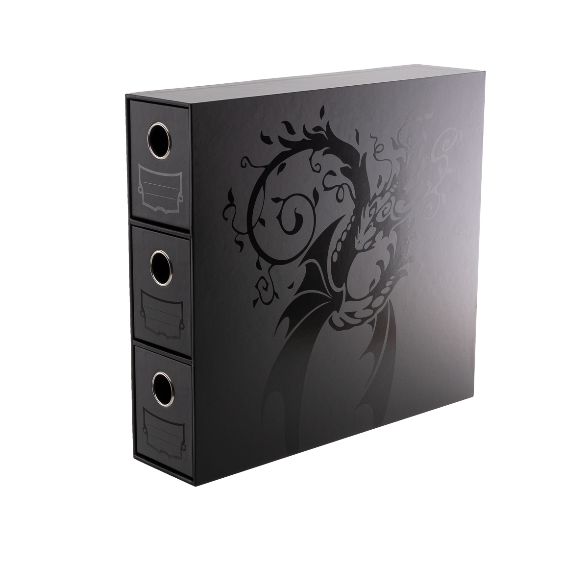 A black Dragon Shield Fortress 3-Card Drawers Vertical storage box with a dragon design.