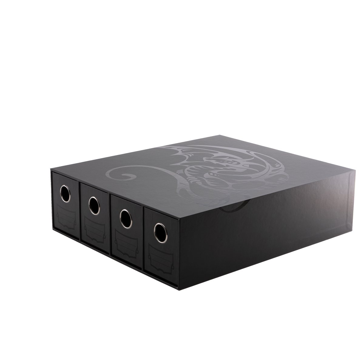 A black Dragon Shield Fortress 4-Card Drawers Horizontal storage box with a dragon design.