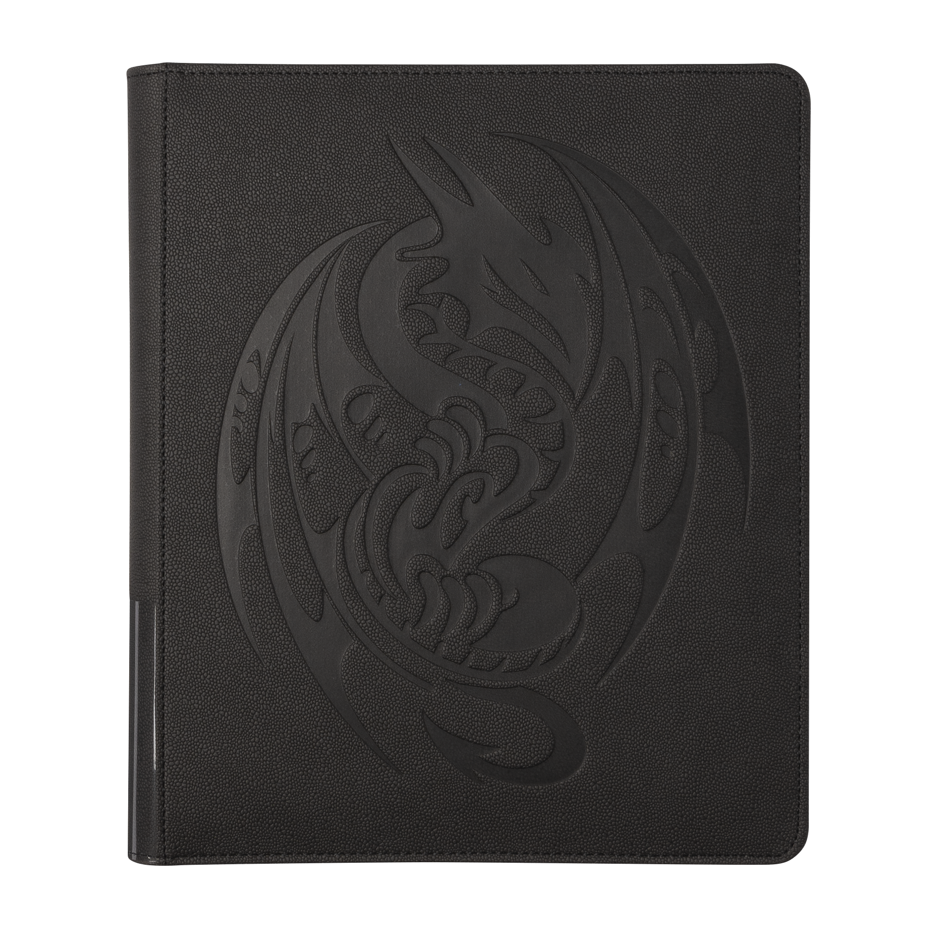 A black leather-look Card Codex Portfolio 360 with an embossed dragon design. Brand: Dragon Shield (Dev), Item: Card Codex Portfolio 360 - Iron Grey.