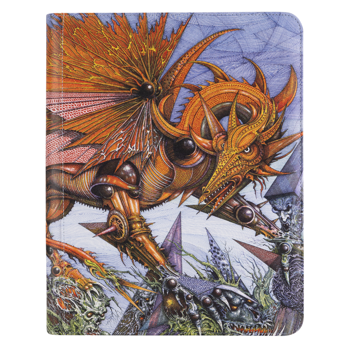 A detailed illustration of a mechanical dragon on a Dragon Shield Signature Series - The Millerax - Art Zipster 360.