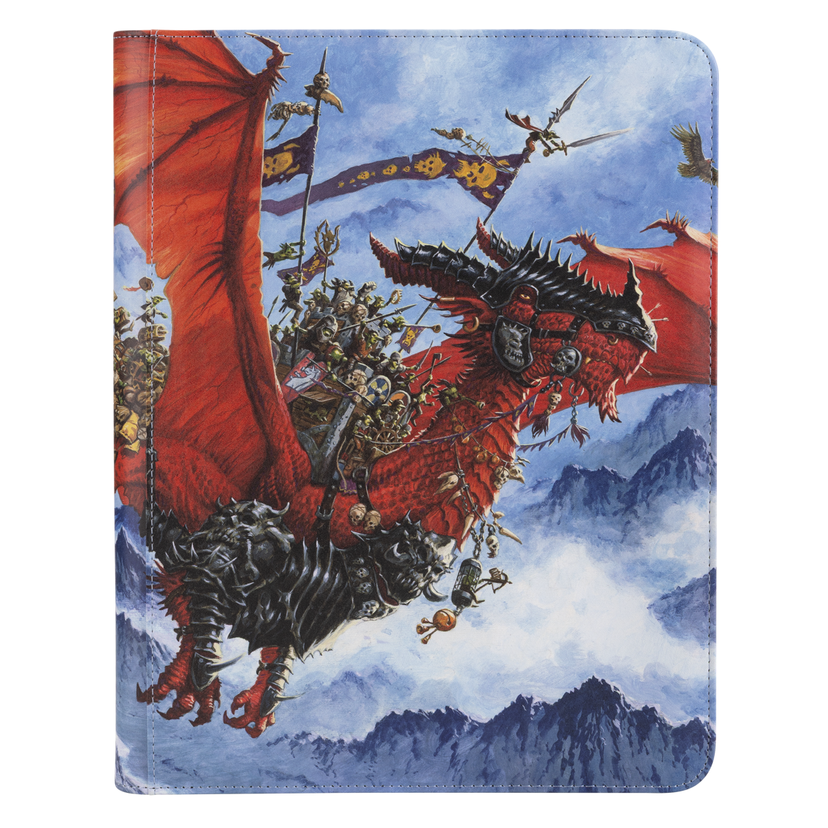 A red dragon with orcs riding it, flying through mountains. Brand: Dragon Shield (Dev), Item: Signature Series - The Raid - Art Zipster 360