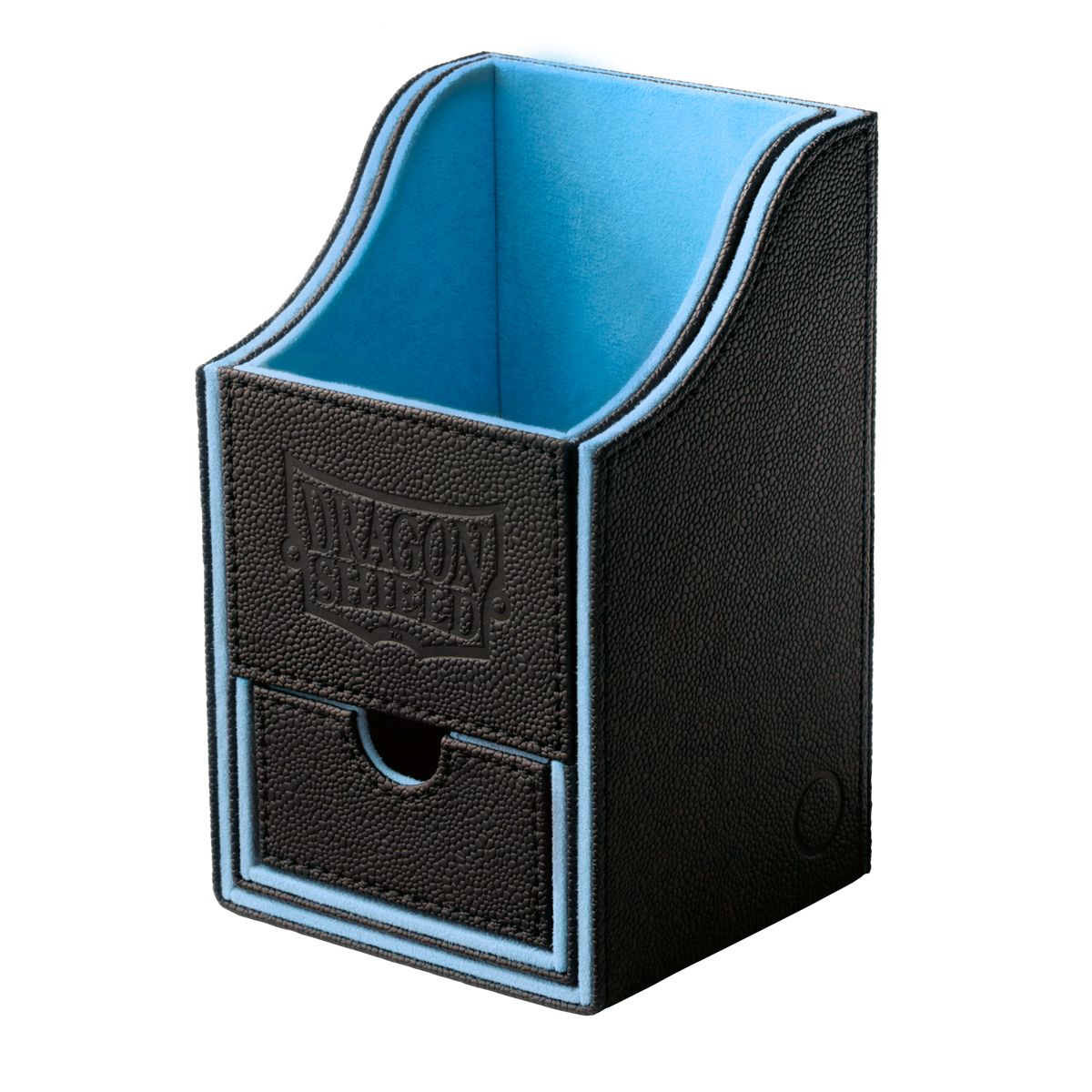 A black and blue Dragon Shield Nest +100 deck box with a drawer.