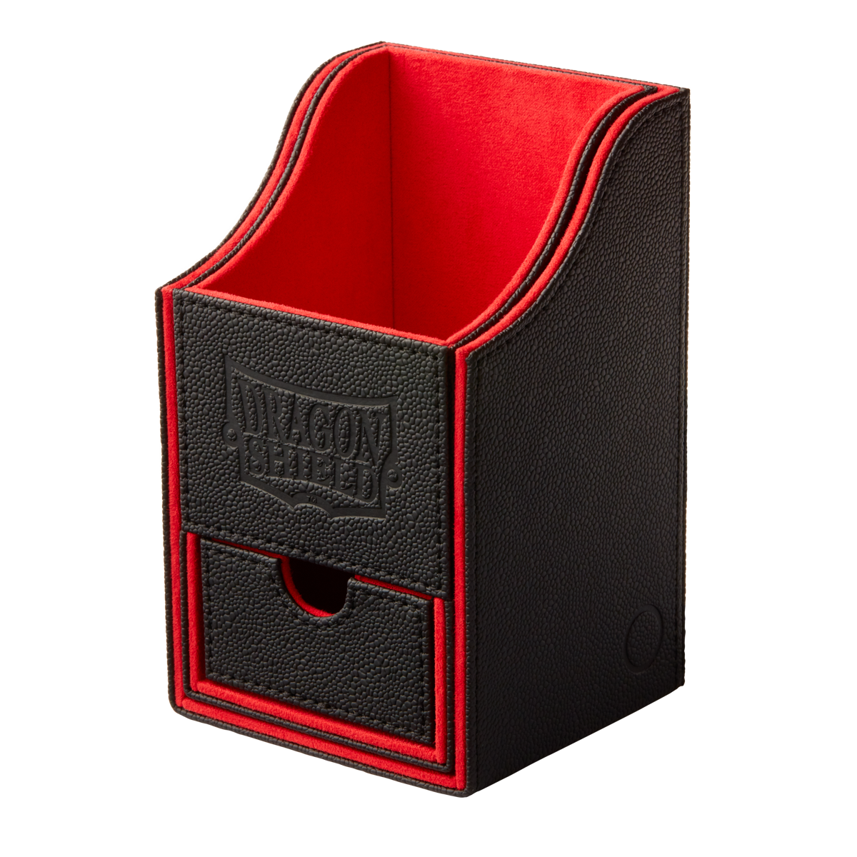 A black and red Dragon Shield Nest +100 deck box.