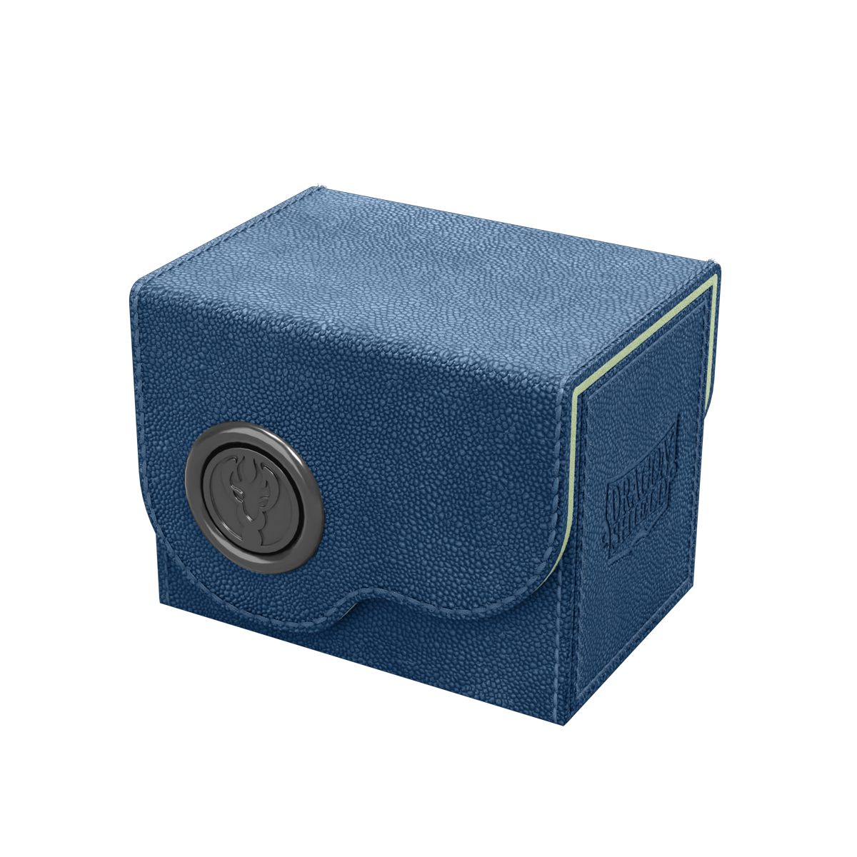 A blue and mint Dragon Shield deck box with a circular emblem on the front.