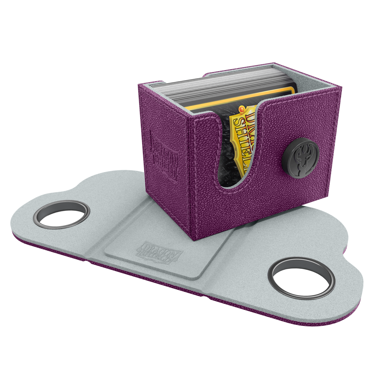 A purple and frost Dragon Shield deck box with a folding playmat. Brand: Dragon Shield, Item: Dragon Box 80+ Purple & Frost.